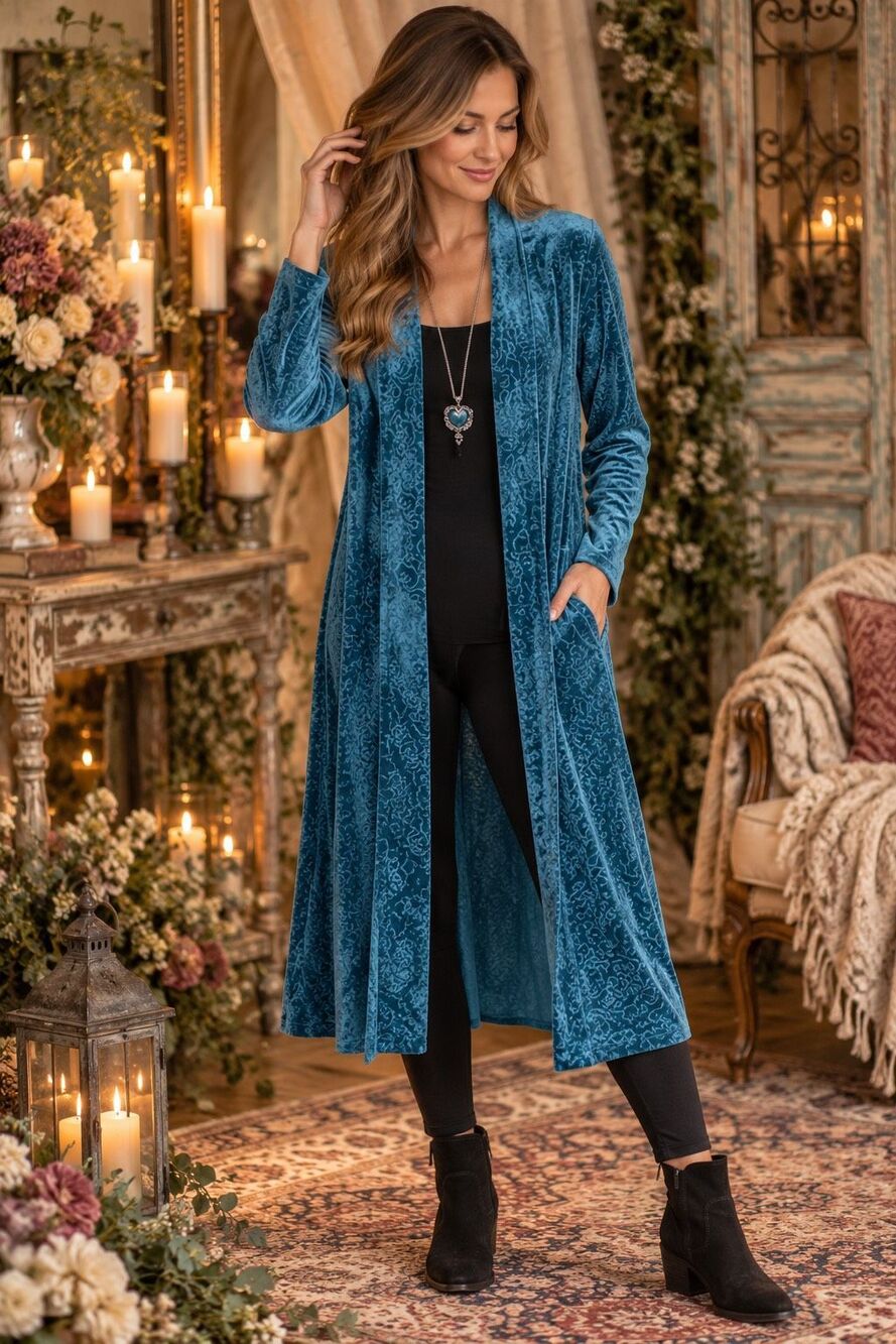 The Pyramid Collection Velvet Long Duster Cardigan blue boho 1X NEW